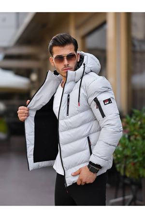 Slimfit Kesim Erkek Kapşonlu İçi Kürklü Astar Su Gecirmez Şişme Mont-GRİ
