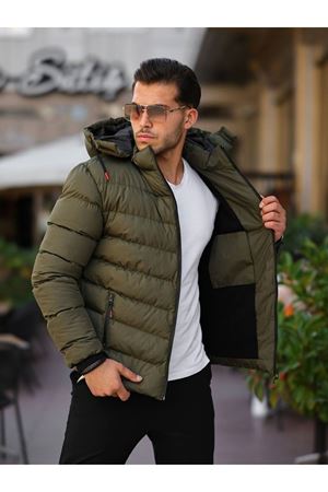 Slimfit Kesim Erkek Kapşonlu İçi Kürklü Astar Su Gecirmez Şişme Mont-HAKİ