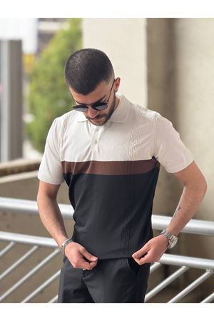 Slimfit Kesim Erkek Polo Yaka Parçalı Desen Triko Tshirt-BEYAZ