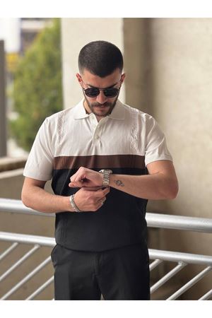 Slimfit Kesim Erkek Polo Yaka Parçalı Desen Triko Tshirt-BEYAZ