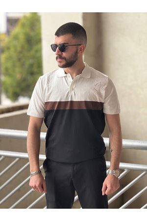 Slimfit Kesim Erkek Polo Yaka Parçalı Desen Triko Tshirt-BEYAZ