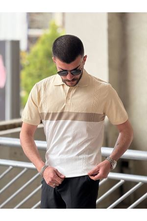 Slimfit Kesim Erkek Polo Yaka Parçalı Desen Triko Tshirt-TAS