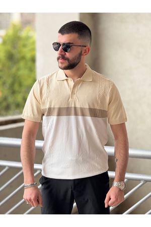 Slimfit Kesim Erkek Polo Yaka Parçalı Desen Triko Tshirt-TAS