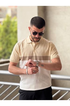Slimfit Kesim Erkek Polo Yaka Parçalı Desen Triko Tshirt-TAS