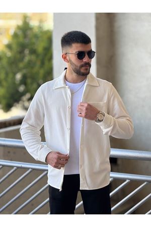 Slimfit Kesim Erkek İnce Çizgi Desen Tek Cepli Gömlek-BEYAZ