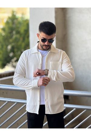 Slimfit Kesim Erkek İnce Çizgi Desen Tek Cepli Gömlek-BEYAZ