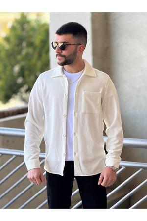 Slimfit Kesim Erkek İnce Çizgi Desen Tek Cepli Gömlek-BEYAZ