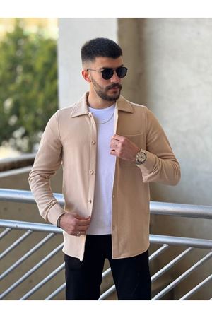 Slimfit Kesim Erkek İnce Çizgi Desen Tek Cepli Gömlek-BEJ