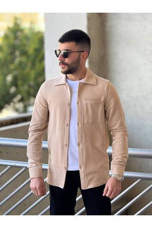 Slimfit Kesim Erkek İnce Çizgi Desen Tek Cepli Gömlek-BEJ