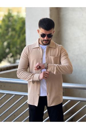 Slimfit Kesim Erkek İnce Çizgi Desen Tek Cepli Gömlek-BEJ