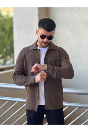 Slimfit Kesim Erkek İnce Çizgi Desen Tek Cepli Gömlek-KAHVE