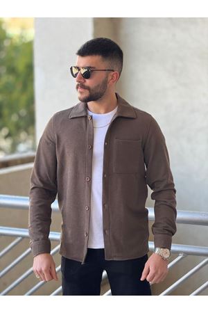 Slimfit Kesim Erkek İnce Çizgi Desen Tek Cepli Gömlek-KAHVE