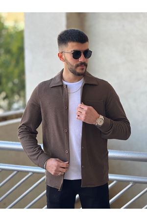 Slimfit Kesim Erkek İnce Çizgi Desen Tek Cepli Gömlek-KAHVE