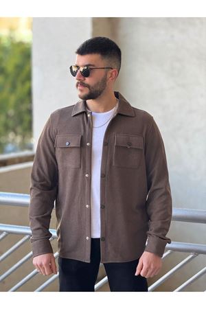 Slimfit Kesim Erkek İnce Çizgi Desen Çift Cepli Gömlek-KAHVE