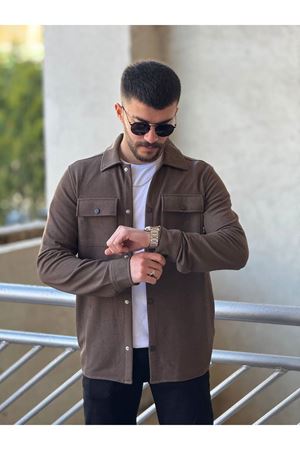 Slimfit Kesim Erkek İnce Çizgi Desen Çift Cepli Gömlek-KAHVE