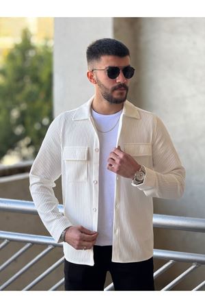 Slimfit Kesim Erkek Çift Cepli Kendinden Kalın Çizgi Desen Gömlek-BEYAZ