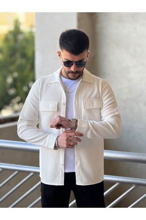 Slimfit Kesim Erkek Çift Cepli Kendinden Kalın Çizgi Desen Gömlek-BEYAZ