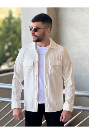 Slimfit Kesim Erkek Çift Cepli Kendinden Kalın Çizgi Desen Gömlek-BEYAZ