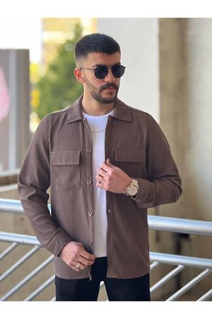 Slimfit Kesim Erkek Çift Cepli Kendinden Kalın Çizgi Desen Gömlek-KAHVE