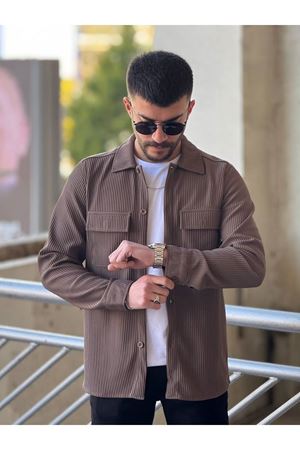 Slimfit Kesim Erkek Çift Cepli Kendinden Kalın Çizgi Desen Gömlek-KAHVE