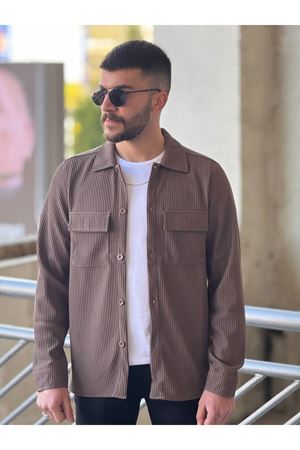 Slimfit Kesim Erkek Çift Cepli Kendinden Kalın Çizgi Desen Gömlek-KAHVE