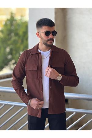 Slimfit Kesim Erkek Çift Cepli Kendinden Kalın Çizgi Desen Gömlek-KIREMIT