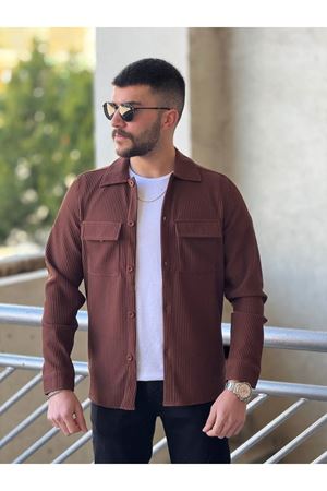 Slimfit Kesim Erkek Çift Cepli Kendinden Kalın Çizgi Desen Gömlek-KIREMIT