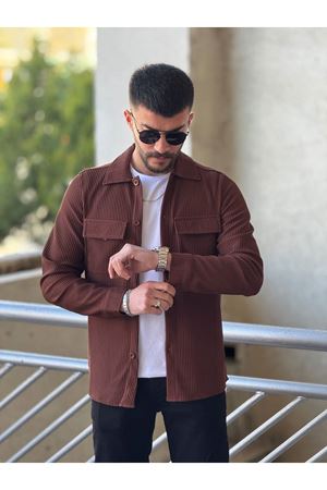 Slimfit Kesim Erkek Çift Cepli Kendinden Kalın Çizgi Desen Gömlek-KIREMIT