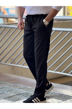 Slimfit Kesim Erkek Beli Bağlamalı Armür Desen Joger Pantolon-SİYAH