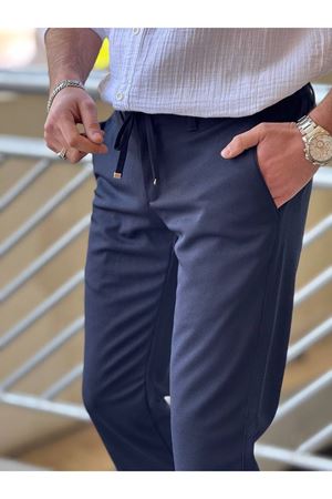 Slimfit Kesim Erkek Beli Bağlamalı Armür Desen Joger Pantolon-LACİVERT