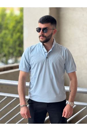 Slimfit Kesim Erkek Örgü Polo Yaka Duz Desen Triko Tshirt-MAVİ