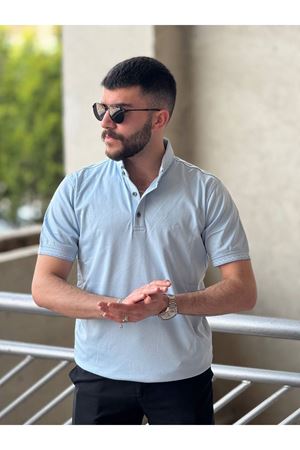 Slimfit Kesim Erkek Örgü Polo Yaka Duz Desen Triko Tshirt-MAVİ