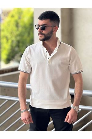Slimfit Kesim Erkek Örgü Desen Polo Yaka İnce Cizgili Triko Jakar Tshirt-BEYAZ