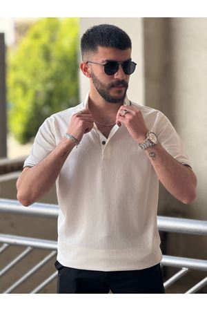 Slimfit Kesim Erkek Örgü Desen Polo Yaka İnce Cizgili Triko Jakar Tshirt-BEYAZ