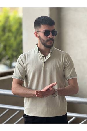Slimfit Kesim Erkek Örgü Desen Polo Yaka İnce Cizgili Triko Jakar Tshirt-YEŞİL