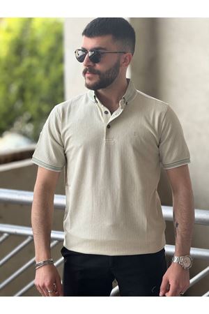Slimfit Kesim Erkek Örgü Desen Polo Yaka İnce Cizgili Triko Jakar Tshirt-YEŞİL