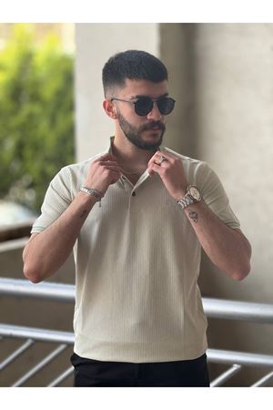 Slimfit Kesim Erkek Örgü Desen Polo Yaka İnce Cizgili Triko Jakar Tshirt-YEŞİL