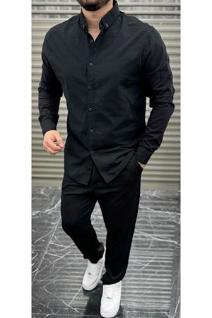 Slimfit Kesim Erkek Cotton Kumaş Tam Kalıp Duz Desen Gömlek-SİYAH