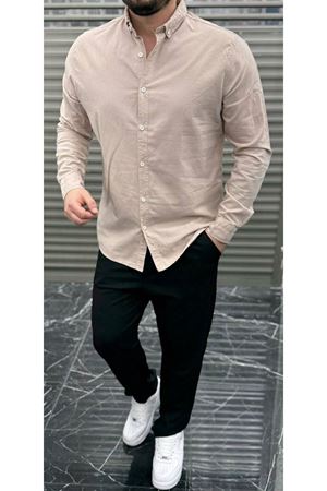 Slimfit Kesim Erkek Cotton Kumaş Tam Kalıp Duz Desen Gömlek-BEJ