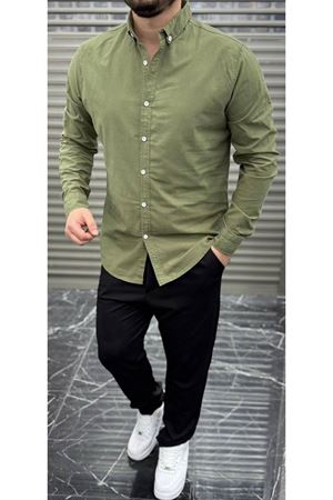 Slimfit Kesim Erkek Cotton Kumaş Tam Kalıp Duz Desen Gömlek-HAKİ