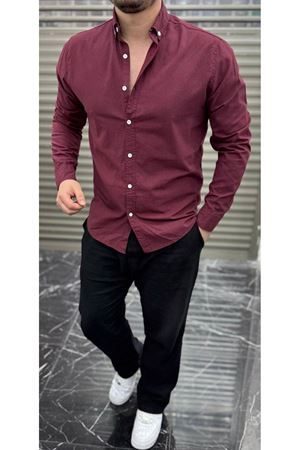 Slimfit Kesim Erkek Cotton Kumaş Tam Kalıp Duz Desen Gömlek-BORDO