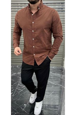 Slimfit Kesim Erkek Cotton Kumaş Tam Kalıp Duz Desen Gömlek-KAHVE