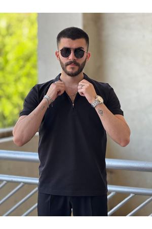 Slimfit Kesim Erkek Polo Yaka Düz Desen Fermuarlı Lacos Kumas Tshirt-SİYAH