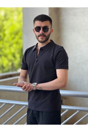 Slimfit Kesim Erkek Polo Yaka Düz Desen Fermuarlı Lacos Kumas Tshirt-SİYAH