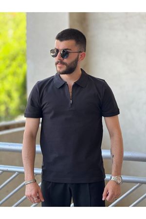 Slimfit Kesim Erkek Polo Yaka Düz Desen Fermuarlı Lacos Kumas Tshirt-SİYAH