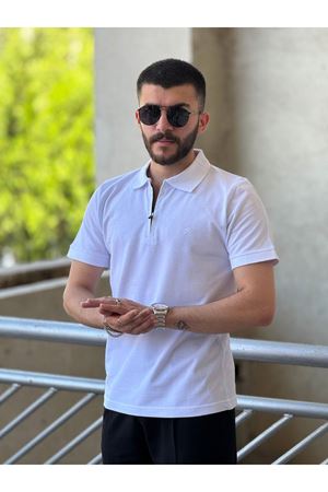 Slimfit Kesim Erkek Polo Yaka Düz Desen Fermuarlı Lacos Kumas Tshirt-BEYAZ