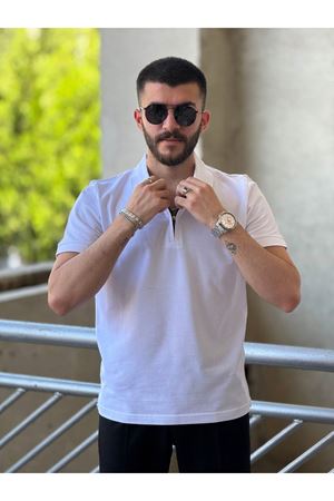 Slimfit Kesim Erkek Polo Yaka Düz Desen Fermuarlı Lacos Kumas Tshirt-BEYAZ
