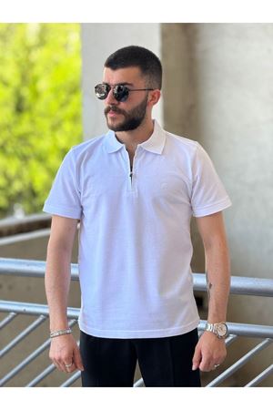 Slimfit Kesim Erkek Polo Yaka Düz Desen Fermuarlı Lacos Kumas Tshirt-BEYAZ