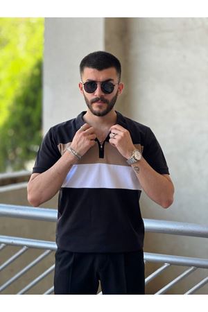 Slimfit Kesim Erkek Polo Yaka Fermuarlı Serit Desen Lacos Kumas Tshirt-SİYAH
