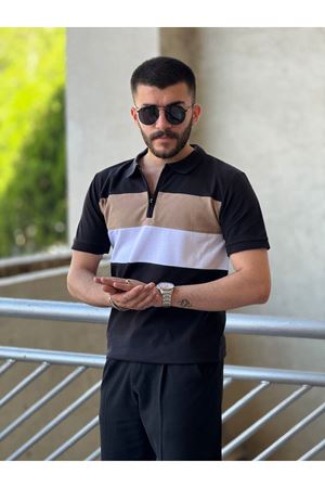 Slimfit Kesim Erkek Polo Yaka Fermuarlı Serit Desen Lacos Kumas Tshirt-SİYAH